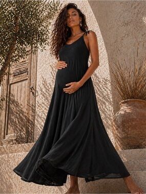 Organic Viscose Cotton Blend Black Maxi Dress Adjustable, Maternity-Friendly S/M